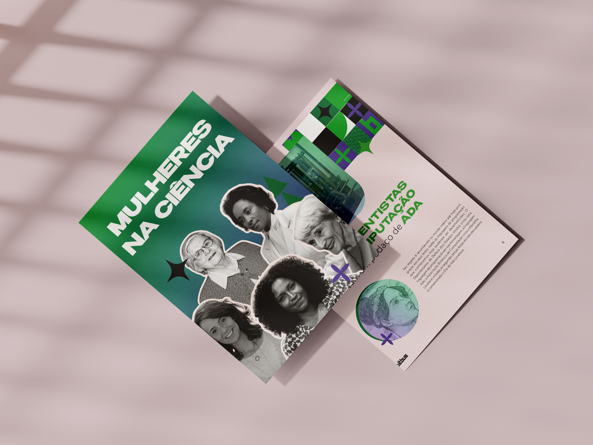 Capa do zine BitBus — Mulheres na Ciência, mockup editorial sobre fundo rosa.